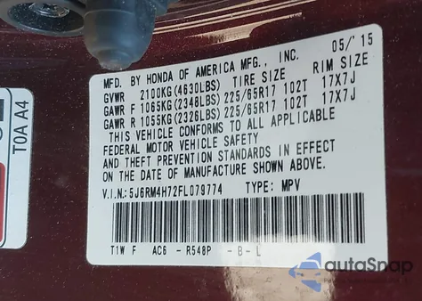 2015 Honda Cr-V Ex-L из США, поврежденный, VIN 5J6RM4H72FL079774